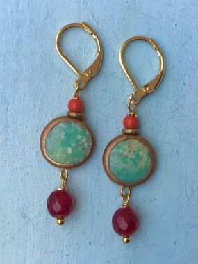 Turquoise Garnet Gold Edge Sundance Charm Earrings
